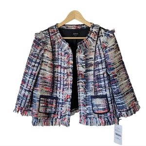 Worth Multicolor Tweed Fringed Open-Front Blazer Jacket